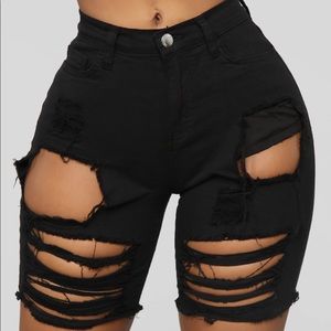 Black distressed midi shorts